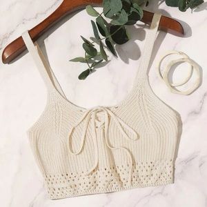 Lace-up, open front, shirt-sleeve knit crop top (SHEIN)